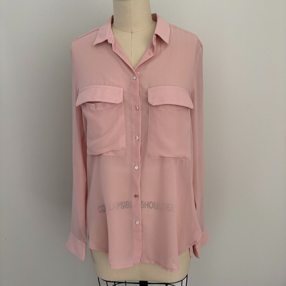Kut from the Kloth Women's Pink Sheer Button Down Long Sleeve Coquette Blouse S